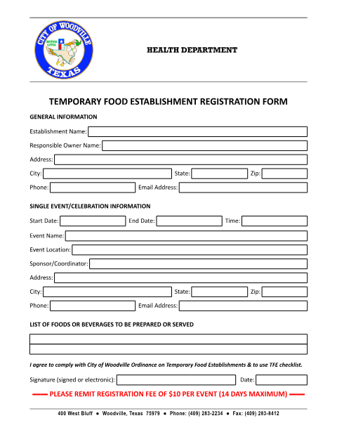 First page of the Temporary Food Establishment Registration