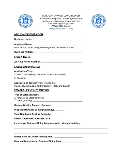First page of the Outdoor Dining Area License Application