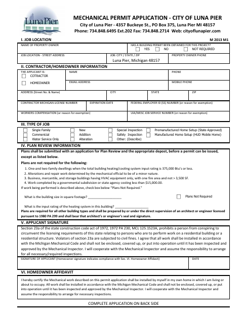 First page of the Mechanical Permit Application