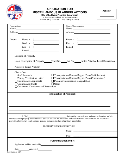 First page of the Application for Miscellaneous Planning Actions