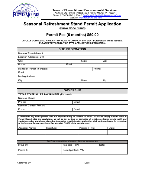 First page of the Seasonal Refreshment Stand Permit Application