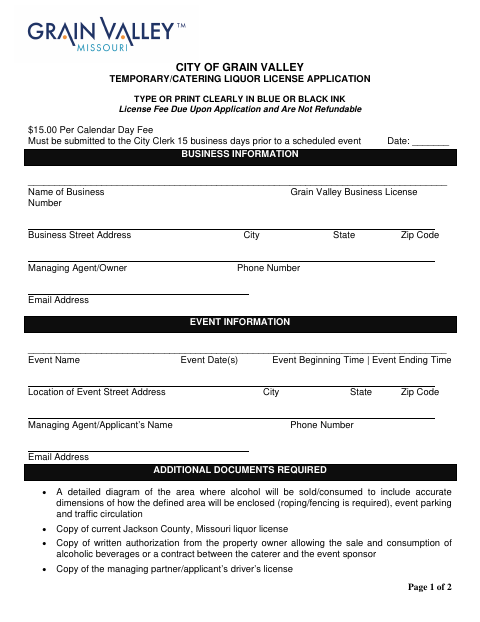 First page of the Temporary Catering Liquor License Application