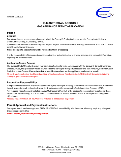First page of the Gas Appliance Permit Application