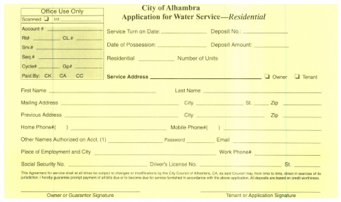 First page of the Residential Water Service Application