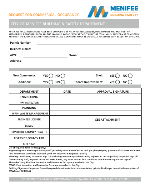 First page of the Request for Commercial Occupancy