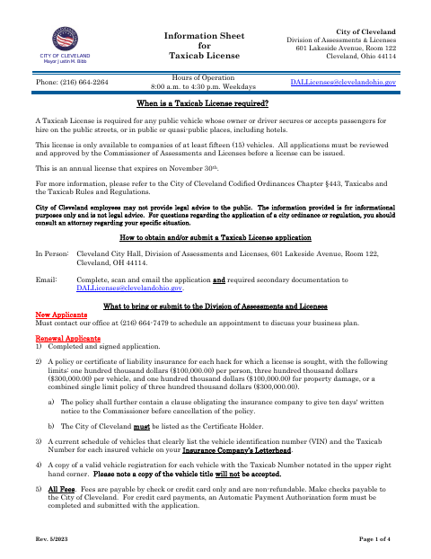 First page of the Taxicab Vehicle License Application