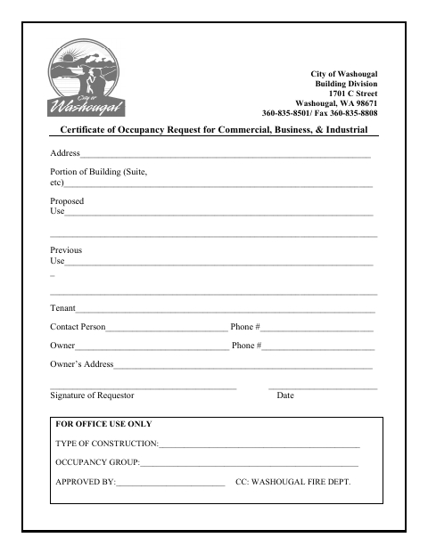 First page of the Certificate of Occupancy Request for Commercial, Business, and Industrial