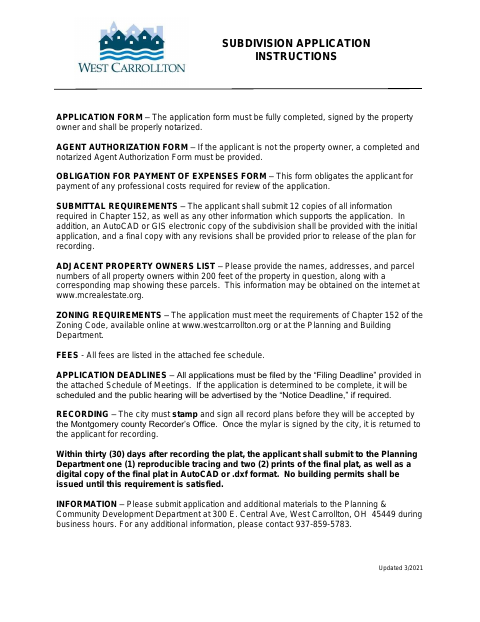 First page of the Subdivision Application Packet