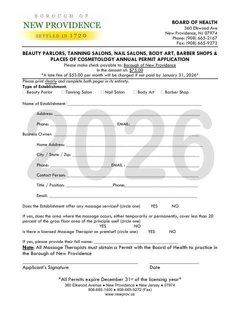 First page of the Beauty Parlors, Tanning Salons, Nail Salons, Body Art, Barber Shops & Places of Cosmetology Annual Permit Application
