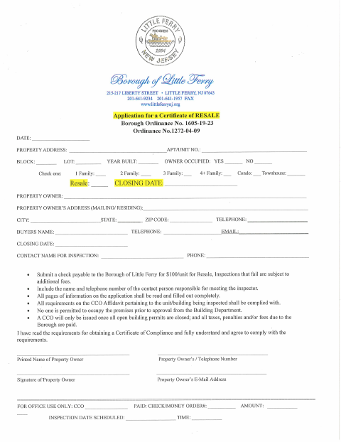First page of the Certificate of Resale