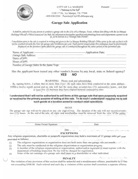 First page of the Garage Sale Permit Application