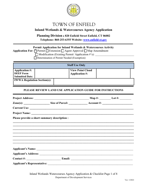 First page of the Inland Wetlands & Watercourses Application