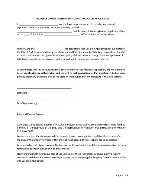 First page of the Property Owner Consent to File Plat Vacation Application