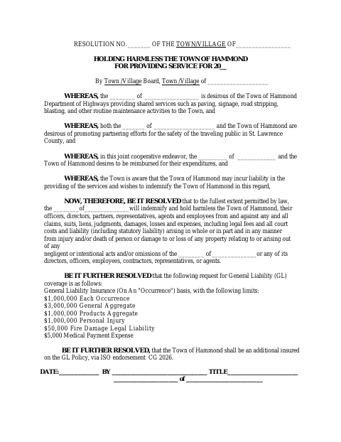 First page of the Resolution Holding Harmless the Town of Hammond for Providing Service