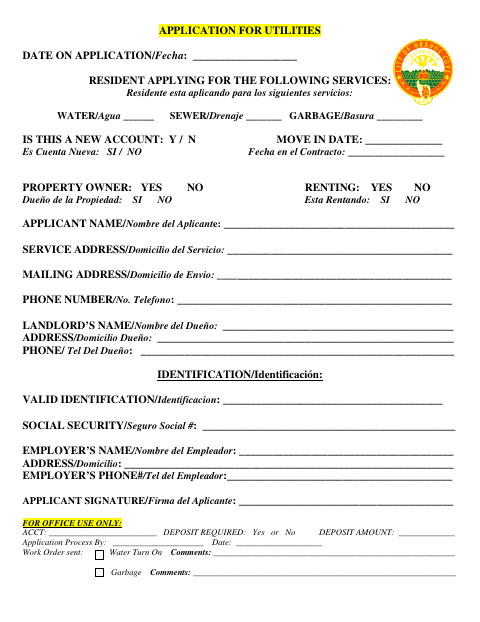 First page of the Application for Utilities