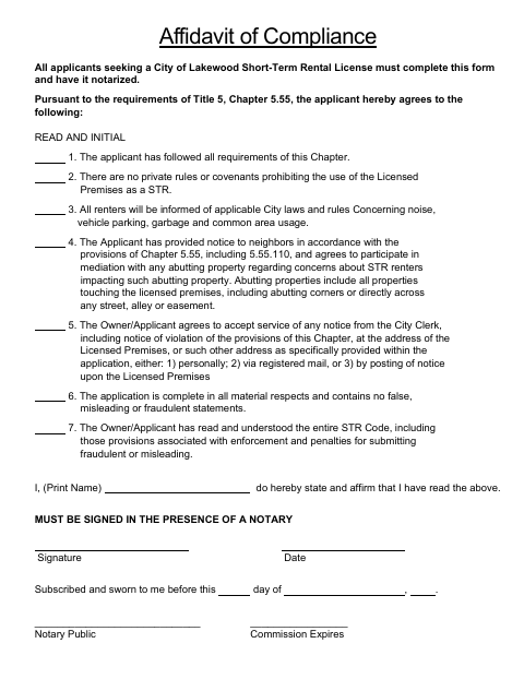 First page of the Short-Term Rental Affidavit of Compliance