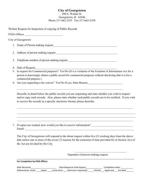 First page of the Written Request for Inspection or Copying of Public Records
