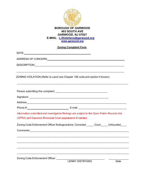 First page of the Zoning Complaint Form
