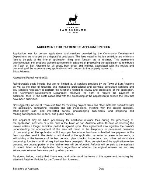 First page of the Agreement for Payment of Application Fees