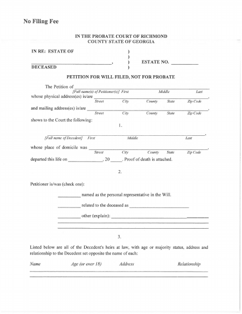 First page of the Petition for Will Filed, Not for Probate