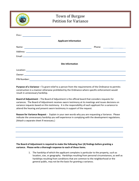 First page of the Petition for Variance