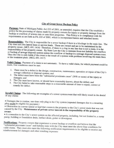 First page of the Sewer Backup Policy and Claim Forms