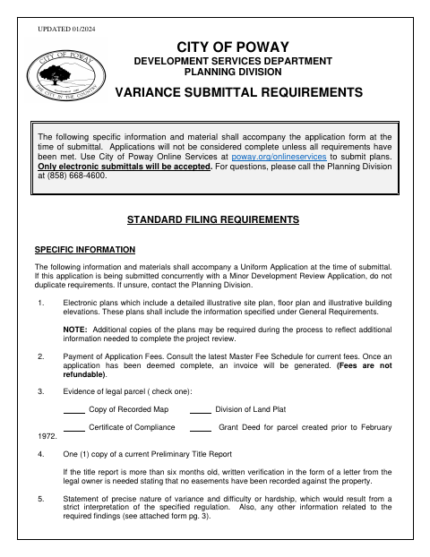 First page of the Variance Submittal Requirements