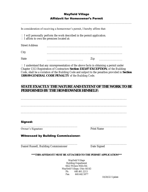 First page of the Affidavit for Homeowner’s Permit
