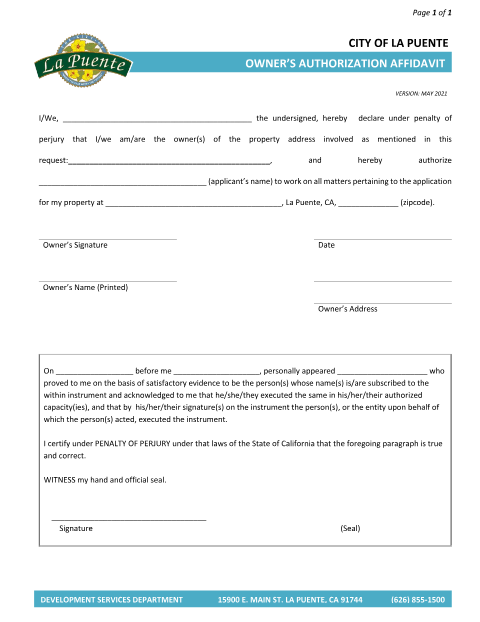 First page of the Owner's Authorization Affidavit