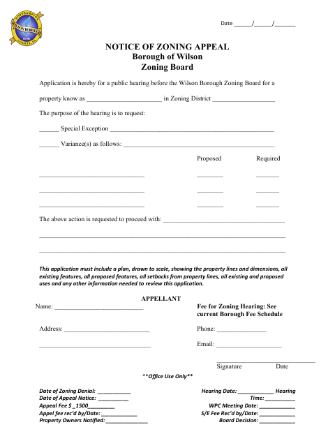 First page of the Notice of Zoning Appeal