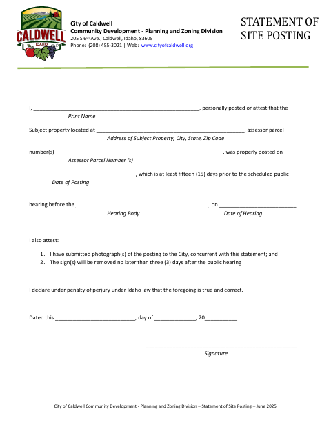First page of the Statement of Site Posting