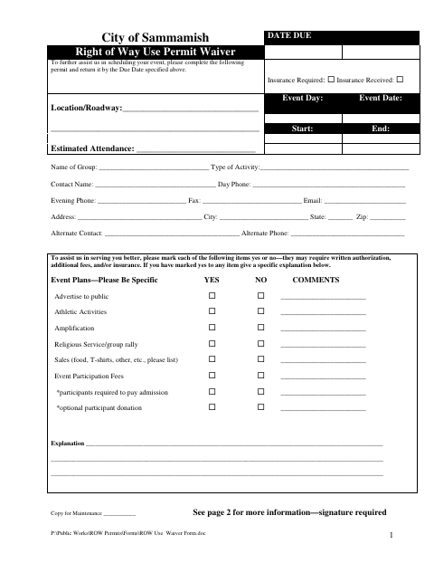 First page of the Right of Way Use Permit Waiver