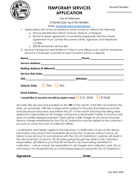 First page of the Temporary Services Application
