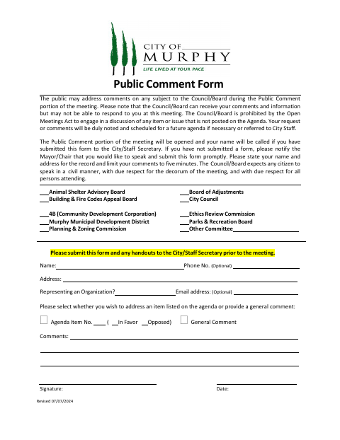 First page of the Public Comment Form