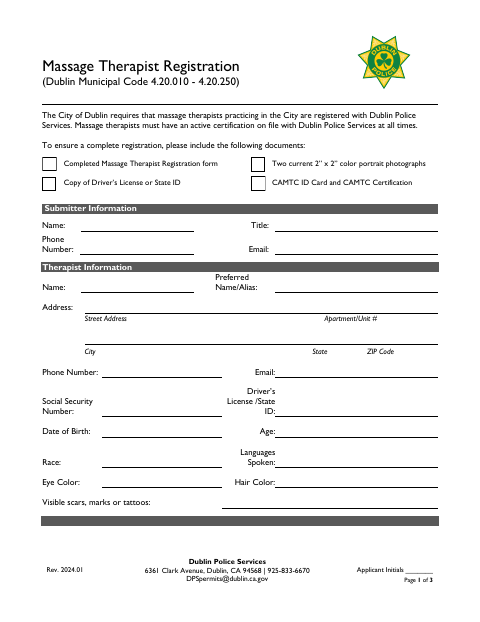 First page of the Massage Therapist Registration