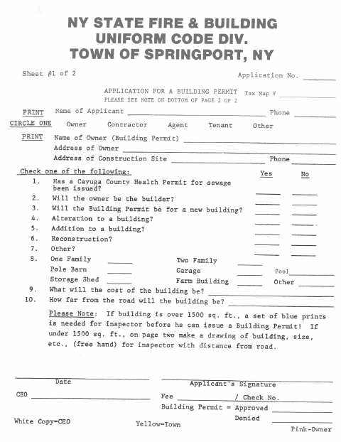 First page of the Building Permit Application