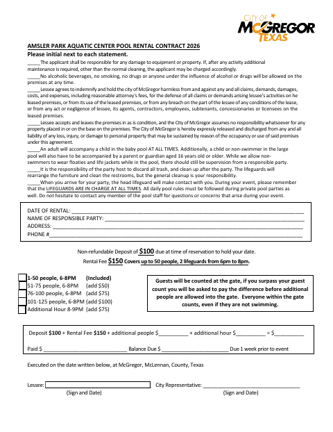 First page of the Amsler Park Aquatic Center Pool Rental Contract