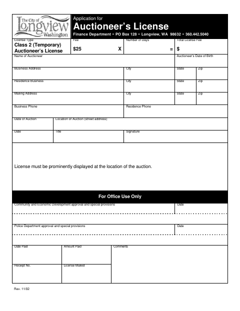 First page of the Application for Auctioneer’s License