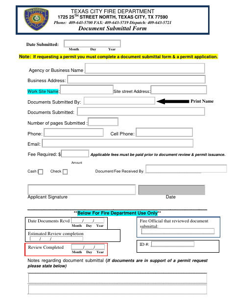 First page of the Document Submittal Form