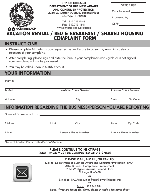 First page of the Vacation Rental / Shared Housing Complaint Form