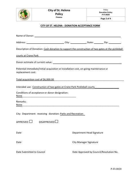 First page of the Donation Acceptance Form and Donation and Gift Policy Acknowledgement