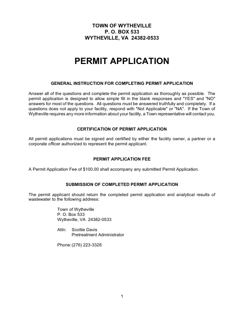 First page of the Industrial Pretreatment Permit Application