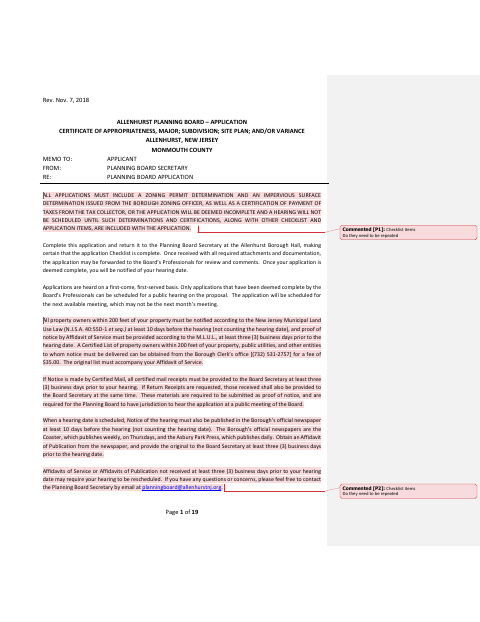 First page of the Planning Board Application