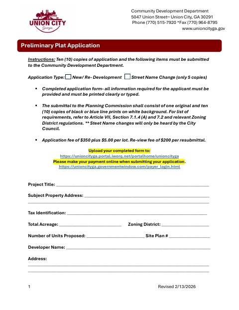 First page of the Preliminary Plat Application