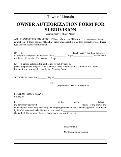 First page of the Owner Authorization Form for Subdivision