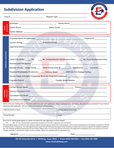 First page of the Subdivision Application