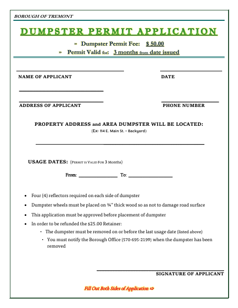 First page of the Dumpster Permit Application