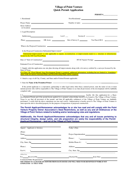 First page of the Quick Permit Application