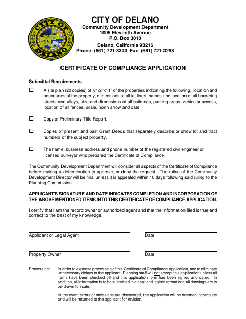 First page of the Certificate of Compliance Application