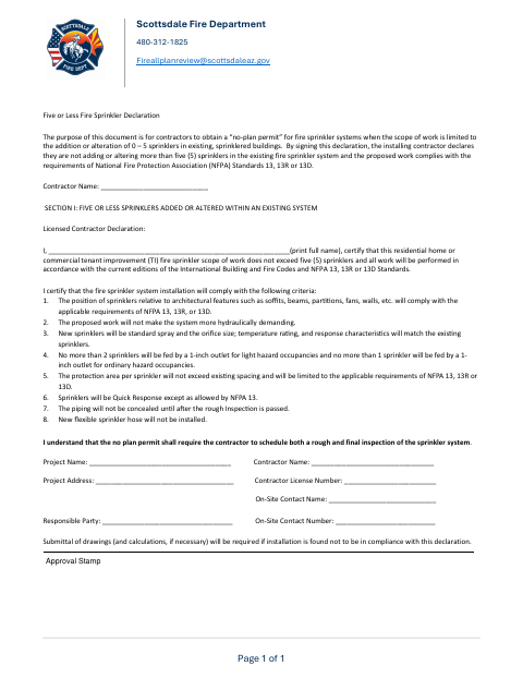 First page of the Five or Less Fire Sprinkler Declaration